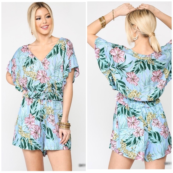 DanburyLane Pants - LAST ONE❗Feminine Sky Blue Tropical Print Romper